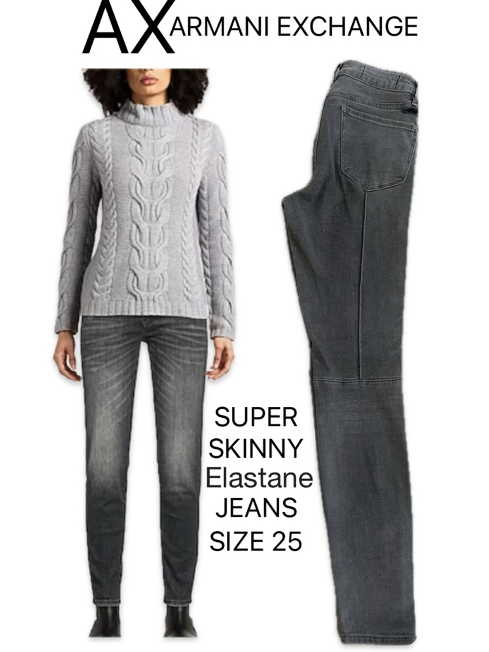 Armani Exchange Super Skinny Elastane Jeans 🔥 - Faded Gray Distressed • Size 25